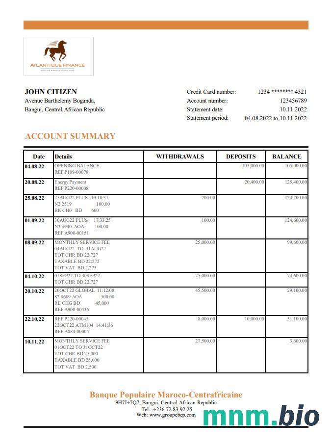 Central African Republic Banque Populaire Maroco Centrafricaine wzór wyciągu bankowego w formacie Word i PDF format